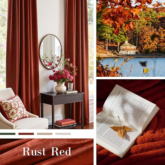 Lazzzy Velvet Blackout Curtains Thermal Insulated Room Window Drapes Super Soft Luxury Curtains for Living Room Bedroom Rod Pocket 2 Panels, Rust Red, 52" W x 102" L