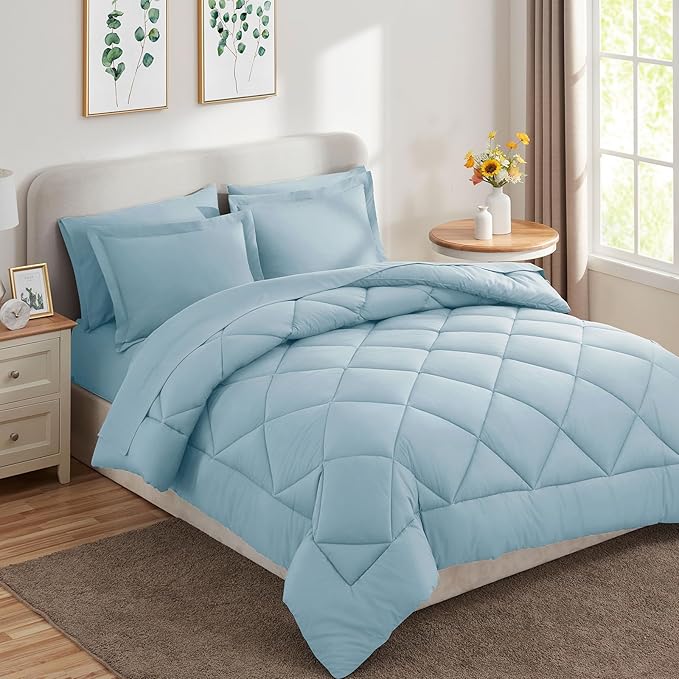 CozyLux King Size Comforter Set Light Blue - 7 Pieces Bed in a Bag King, Luxury Soft Bed Set for All Seasons, Bedding Set with Down Alternative Comforter, Sheets, Pillowcases & Shams