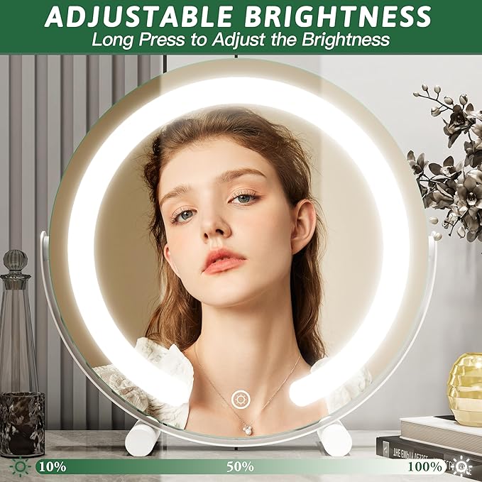 Vanity Mirror with Lights, 12 Inch Light Up Makeup Mirror, LED Makeup Mirror with Lights for Bedroom Tabletop, Smart Touch Control 3 Colors Dimmable, 360° Rotation, White