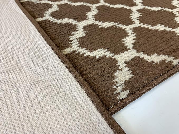 Custom Size Cut to Length Moroccan Trellis Design Runner Rug Mat For Wide Long Hallways with Non-Slip Rubber Backing, Better Traction for Pets, Prevent Slippage, Trellis Brown, 31 inch X 30 feet