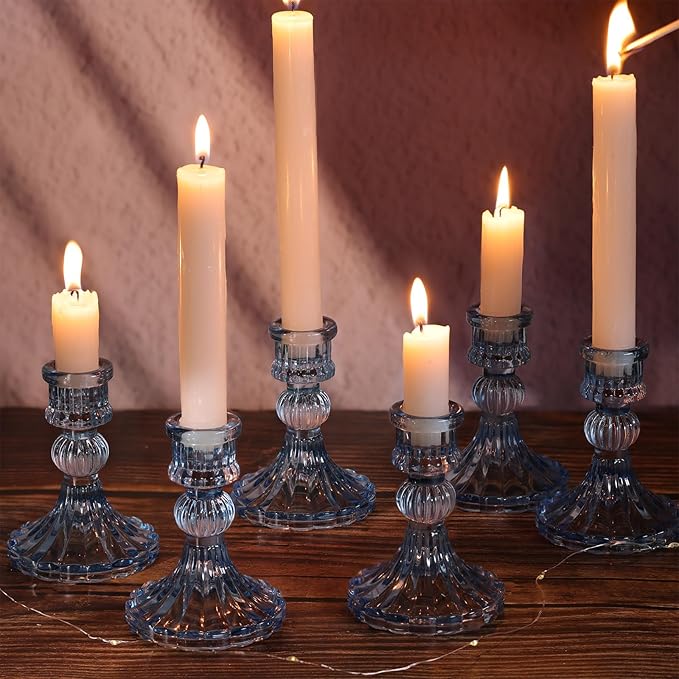 DARJEN 12PCS Blue Candlestick Holders Set- 4" H Taper Candle Holders, Glass Candle Holders Bulk for Wedding, Party, Home Table Centerpieces, Festival Gifts & Windowsill Decor