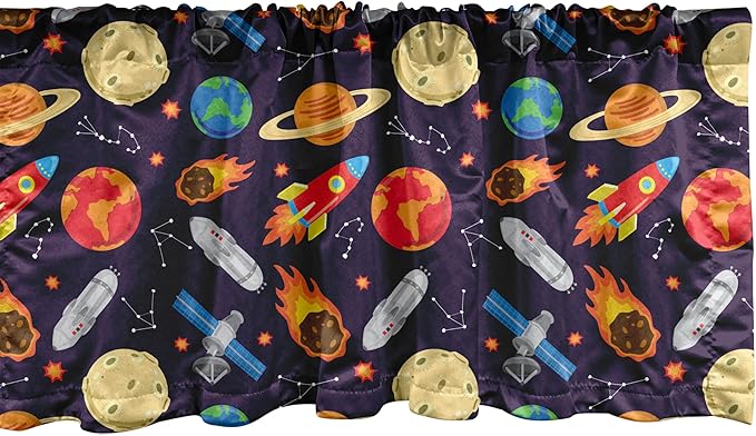 Ambesonne Space Window Valance, Universe Themed Illustration with Earth Moon Constellations Saturn Rockets Stars, Curtain Valance for Kitchen Bedroom Decor with Rod Pocket, 42" x 18", Dark Night Blue