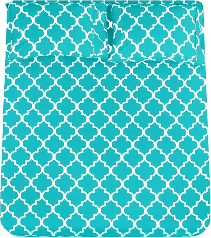 Mejoroom King Bed Sheet Set - Super Soft Brushed Microfiber 1800 Thread Count Sheets with 15 inch Deep Pocket - Wrinkle Free - 4 Piece(Aqua Quatrefoil with White Pattern)