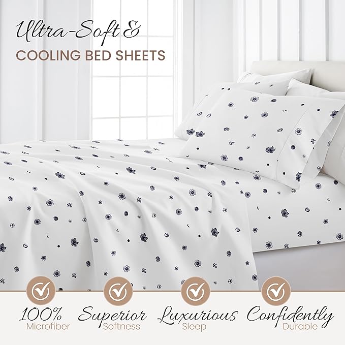 Linen Market 4 Piece King Sheet Set - Breathable, Double-Brushed Patterned Cooling Sheets – Oeko-TEX Certified Ultra Soft & Wrinkle-Free 16" Deep-Pocket King Sheets - Easy Care Indigo Flowers Navy