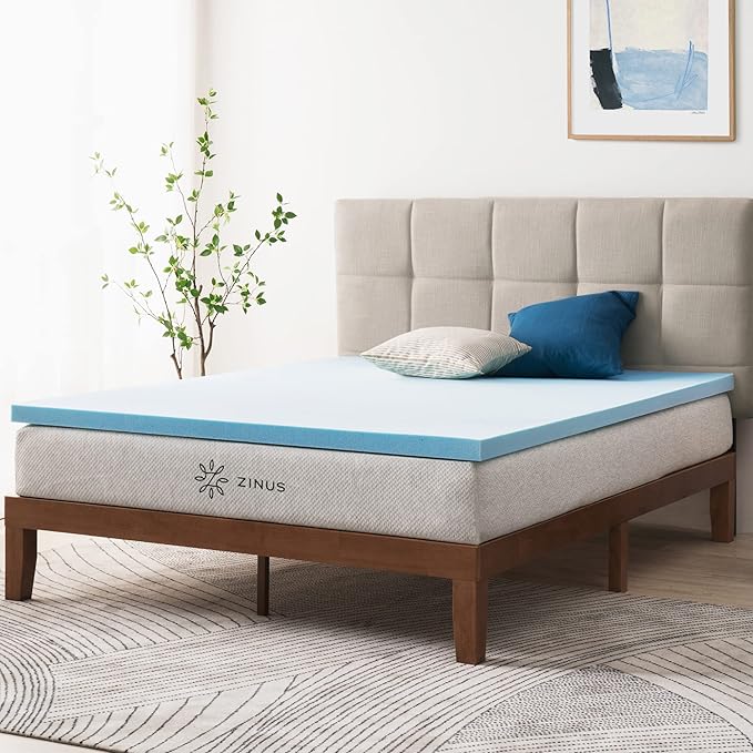 ZINUS 2 Inch Green Tea Cooling Gel Memory Foam Mattress Topper, Cooling Gel Foam, CertiPUR-US Certified, King, Blue