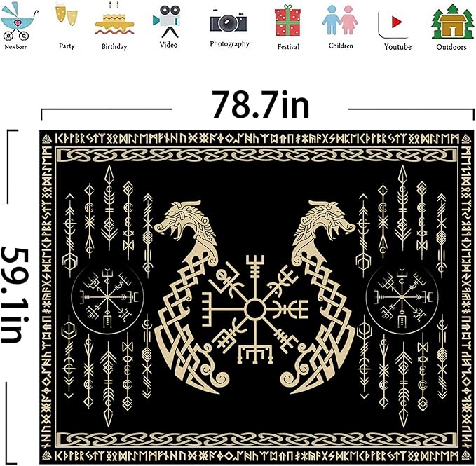 OSUNBD Viking Dragon Tapestry Ancient Rune Dragon Totem Norse Mythology Wall Art Tapestries Black Mystical Geometric Norse Mythology Tapestry Large Size 78.7”x59.1” for Bedroom Living Room Dorm