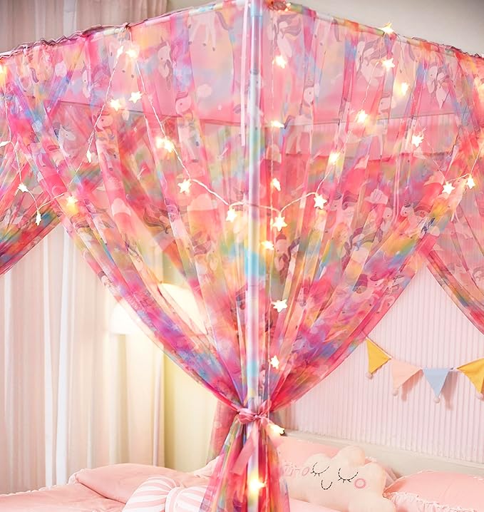 Mengersi Unicorn Bed Canopy for Girls Canopy Bed Curtains with Lights-Canopy for Bed - Bed Netting Canopy for Girls,Princess Canopy for Girls Room Decor,Twin Size