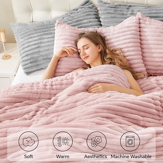 BEDELITE Fleece Full Comforter Set -Super Soft & Warm Fluffy Pink Bedding, Luxury Fuzzy Heavy Bed Set for Winter with 2 Pillow Cases