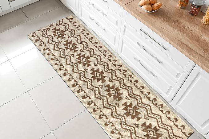 Custom Length Cut to Size Tribal Ethnic Southwestern Inspired Hallway Runner Rug, Non Slip Rubber Backed, 31 inch Wide X Customized Length, Aztec Beige, 31 inch X 14 feet