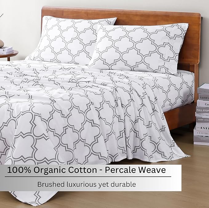 LANE LINEN 100% Organic Cotton Full Sheets Set Fully Elasticized Naturally Temperature Regulating Mercerized Cotton Printed Full Bedding & Pillowcases Set - Trellis