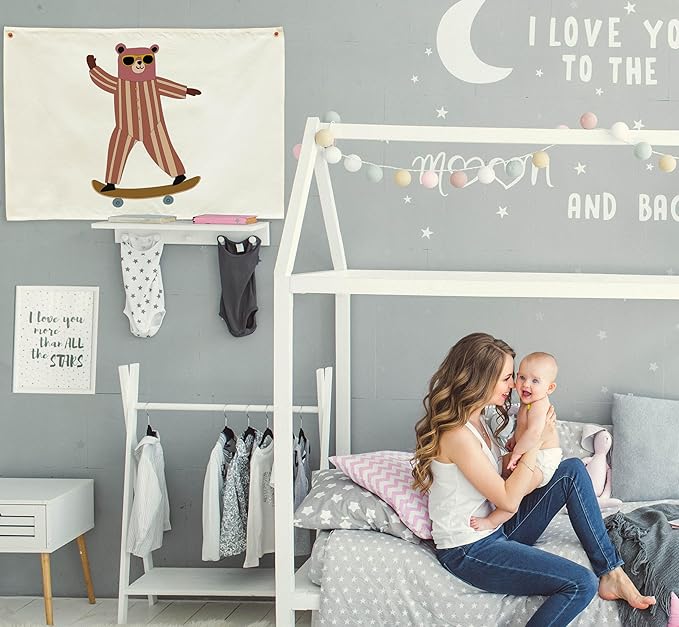Skateboarding Bear Nursery Rectangular Canvas Banner-Flag Wall Sign Decor for Baby Boys Kids, Baby Room Above Crib Bedroom Playroom Reading Room Decor-Baby Shower Birthday Christmas Gift