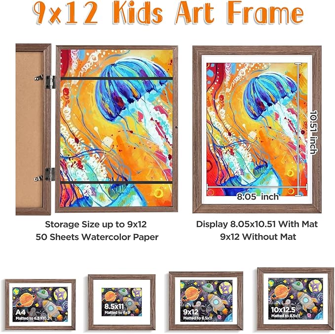 KINLINK 9x12 Kids Art Frames Set of 2, Solid Wood Kids Artwork Frames Changeable with Acrylic Front Opening Holds 150 Pictures, Art Frame for Kids Artwork with Mat or without Mat, Brown Wood