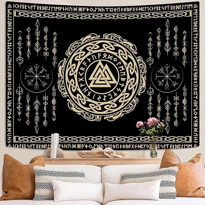 OSUNBD Nordic Viking Tapestry Wall Hanging - Large 93x71 inches Soft Flannel with Valknut, Celtic Runes & Norse Mythology Scandinavian for Bedroom, Living Room Decor