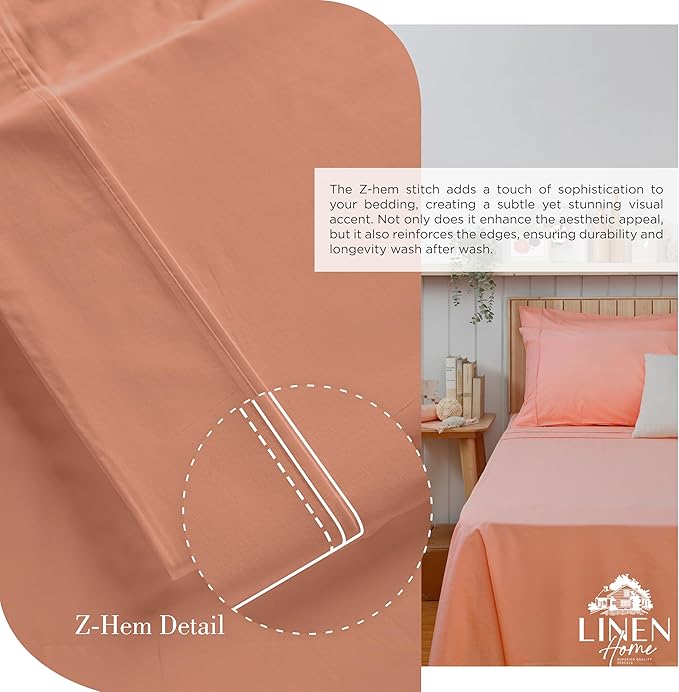 Linen Home 100% Cotton Percale Sheets King Size, Tera Clay, Deep Pocket, 4 Pieces Set - 1 Flat, 1 Deep Pocket Fitted Sheet and 2 Pillowcases, Crisp Cool and Strong Bed Linen