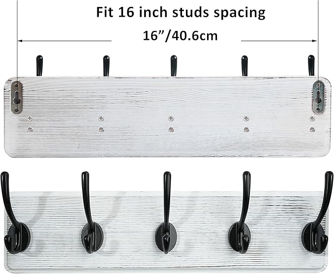 WEBI Coat Rack Wall Mounted,Coat Hooks Wall Mount,16" Hole to Hole,Large Coat Hanger Wall,5 Hooks for Hanging Coats,Hats,Jacket,Clothes,Entryway,Black/White,2 Packs