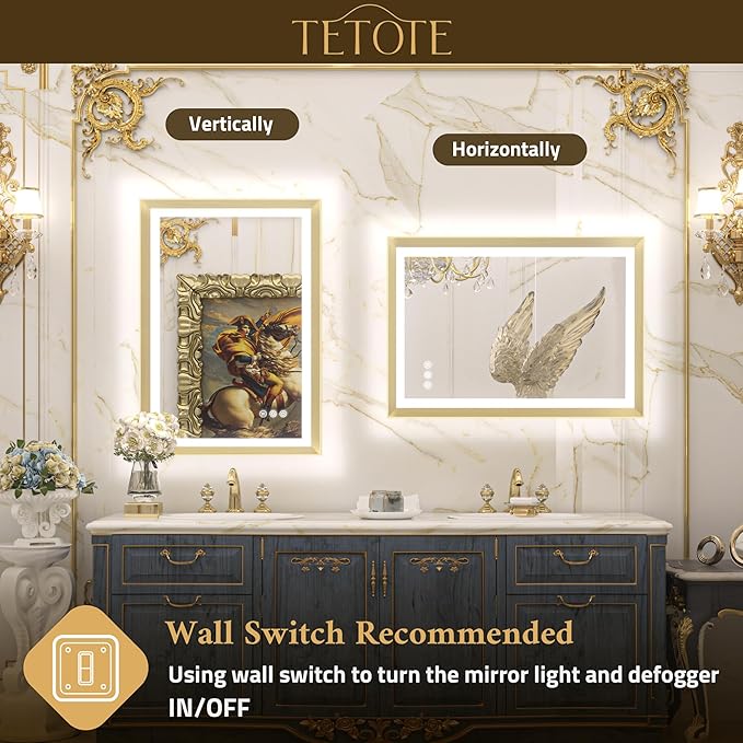 TETOTE 48x40 LED Bathroom Mirror with Lights Gold Metal Framed Front & Back Light Vanity Mirror Baroque Antifog Stepless Dimmable White/Warm/Natural,CRI90+,Waterproof,Wall Mounted(Horizontal/Vertical)
