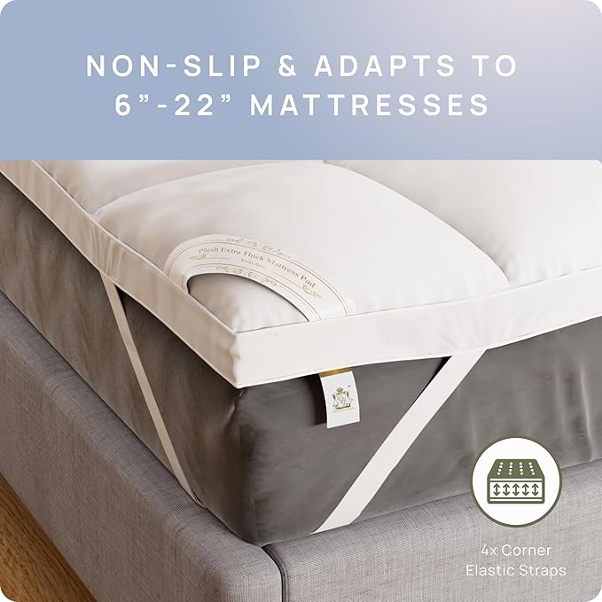 Extra Thick Fitted Mattress Topper - Queen Size | Soft & Cooling Pillow Top Mattress Pad & Protector | Bed Topper for Back Pain, Straps Stretch 6" to 22" Deep