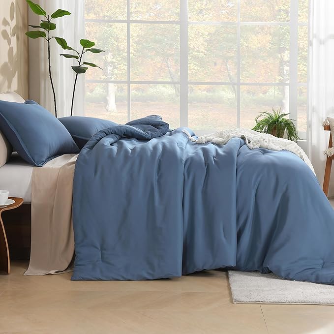Litanika Haze Blue Comforters Oversized Queen Size, 3 Pieces Lightweight Solid Bedding Comforter Set, All Season Fluffy Bed Set (98x98In Comforter & 2 Pillowcases)