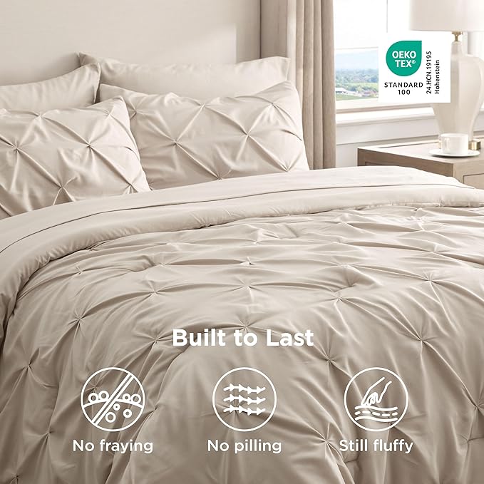 Bedsure Queen Comforter Set Beige - Bed in a Bag Queen Size Bedding 7 Pieces, GentleSoft™ Pintuck Bed Set Gift for Family, Pinch Pleat All Season Comforter with Sheets, Pillowcases & Shams