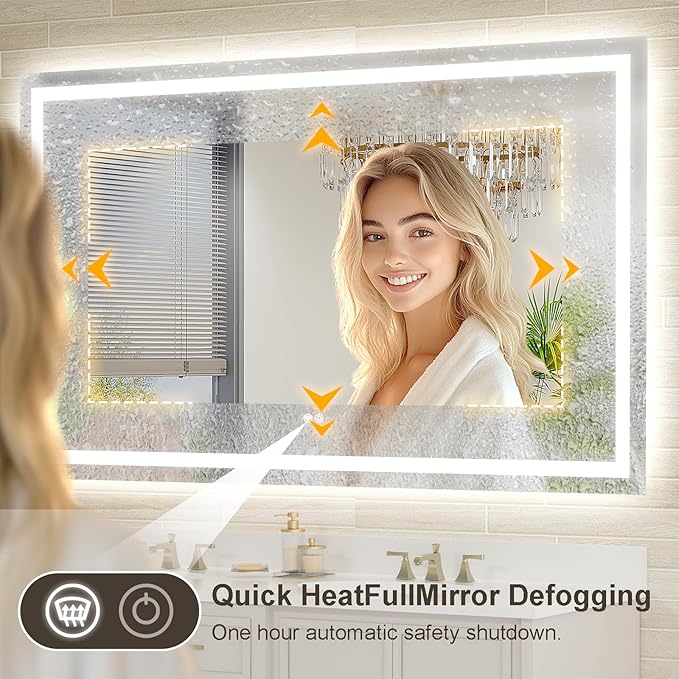 55x30 LED Bathroom Mirror with Lights, Brighter Backlit + Front Lit, Tempered Glass, Dimmable, Multiple Light Modes, Anti-Fog Lighted Bathroom Vanity Mirror for Wall, Memory Function