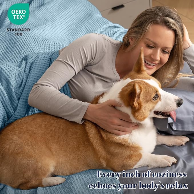 PHF 100% Cotton Waffle Weave Blanket Queen Size for Bed,Snag Proof Lightweight Breathable Moisture-Wicking Throw for Couch,Great for Layering in Cold Weather, Home Decor Gift-Dusty Blue