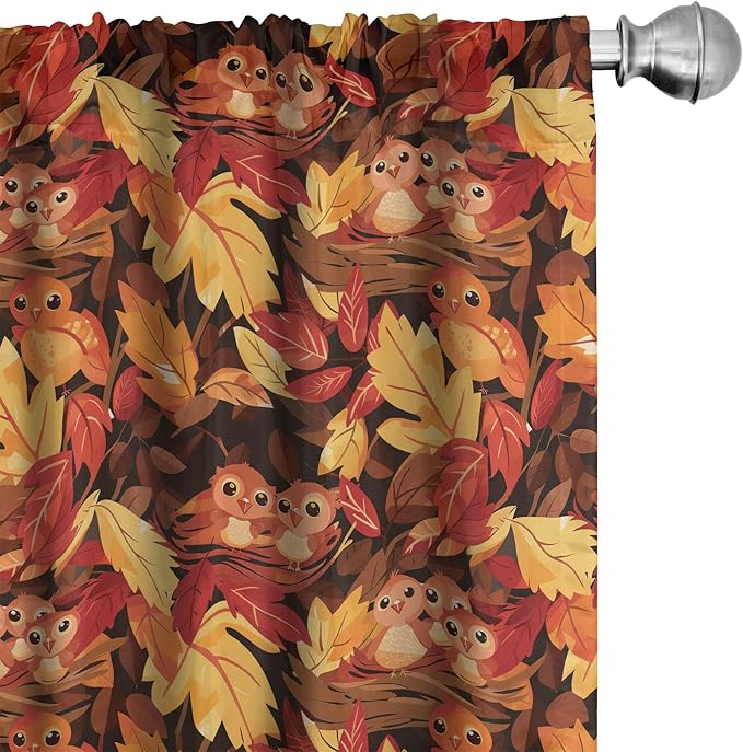 Ambesonne Fall Window Curtains Pack of 2, Happy Autumnal Colors with Birds in Nests Cartoon Illustration Print, Lightweight Set with Rod Pocket, 4 Panels of - 28" x 63", Cinnamon Amber and Orange