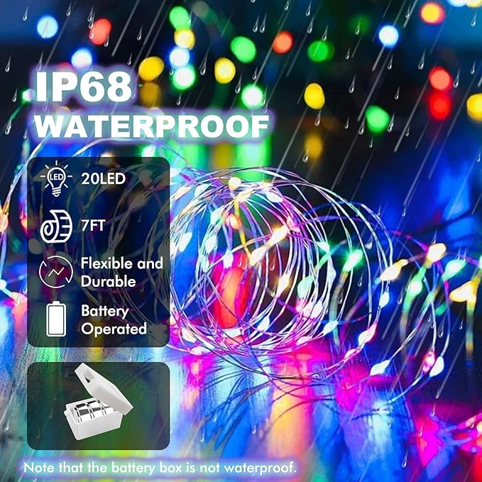 10 Pack Fairy Lights Battery Operated - 3 Speed Modes, 7Ft 20 LED String Twinkle Lights, Waterproof Copper Wire, Mini Firefly Light for Mason Jars Vases Christmas Decor, Multi-Colored