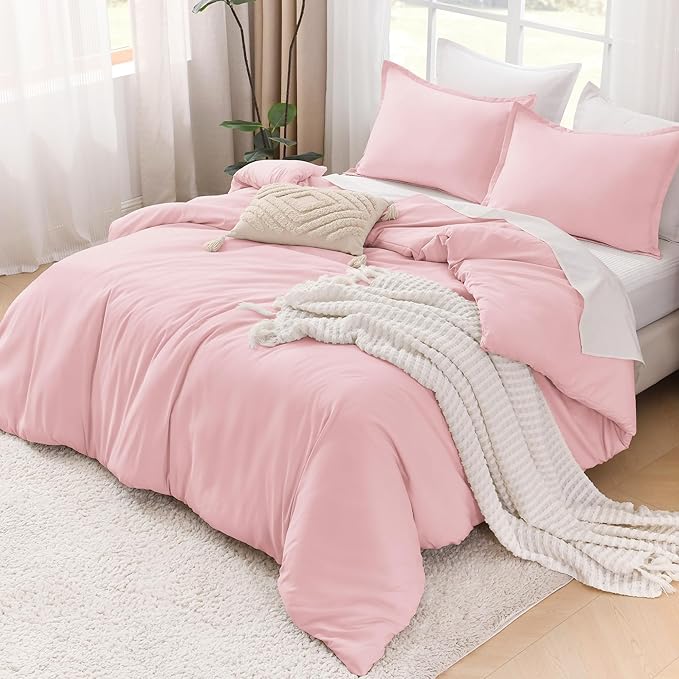 Litanika Pink Comforter Set Full Size, 3 Pieces Girls Women Cute Soft Solid Bedding Comforter Set, All Season Bed Set (79x90In Comforter & 2 Pillowcases)