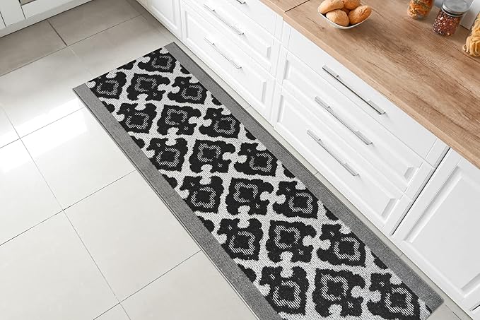Custom Length Cut to Size Fleur de Lis Inspired Carpet Runner Rug for Hallways, Non Slip Rubber Backed, 31 inch Wide X Customized Length, Royal Grey, 31 inch X 12 feet