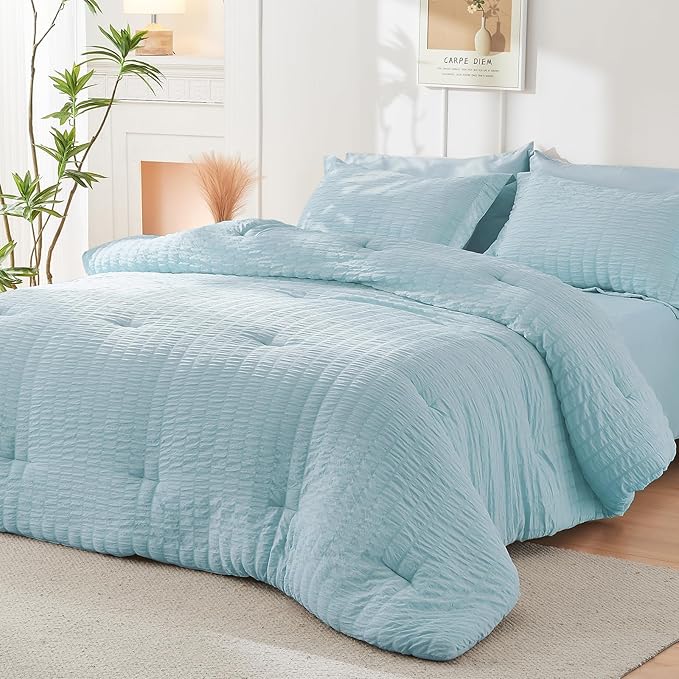 HYMOKEGE Lake Blue Full Size Comforter Sets Seersucker 7 Pieces, All Season Luxury Bed in a Bag for Bedroom, Bedding Set with Comforters, Sheets, Pillowcases & Shams