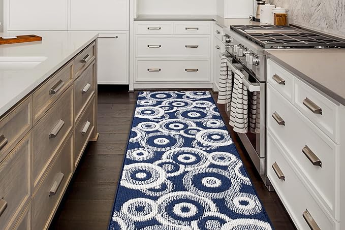 Custom Length Cut to Size Retro Modern Coastal Carpet Runner Rug for Hallways, Non Slip Rubber Backed, 31 inch Wide X Customized Length, Geo Blue, 31 inch X 20 feet