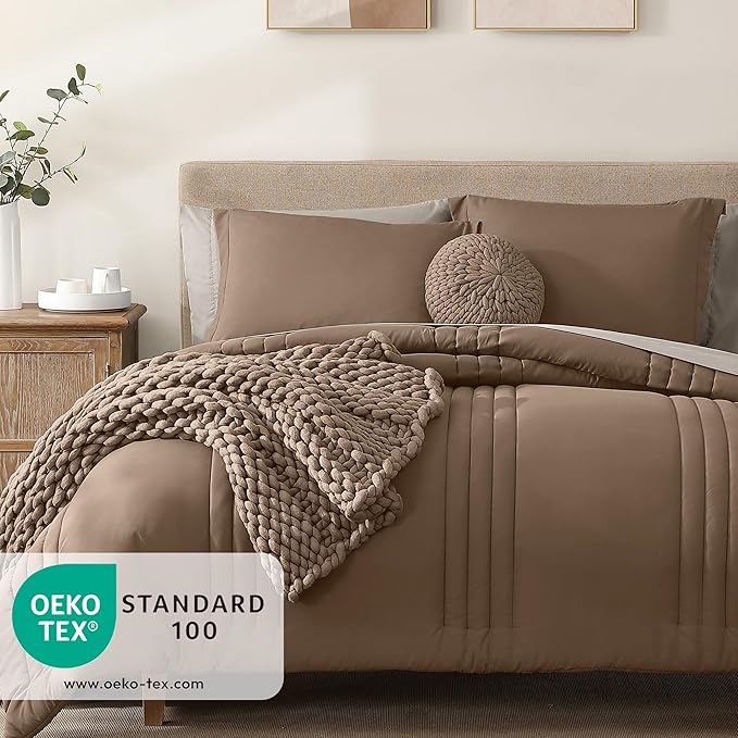 Monbix Oversized Queen Comforter Set - 7 Pieces Brown Bed in a Bag Queen Bedding Sets with Comforters, All Seasons Down Alternative Comforter Bed Set with Sheets,Pillowcases & Shams