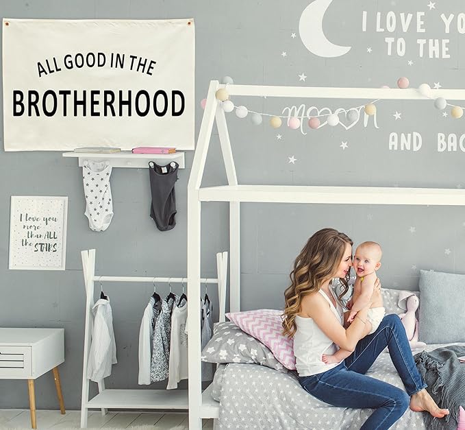 Nursery Rectangular Canvas Banner-Boho Flag Wall Sign for Boys Kids Brother,Baby Room Above Crib Playroom Reading Room Bedroom Decor-All Good in The Brotherhood-Baby Shower Birthday Christmas Gift