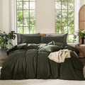 MooMee Bedding Duvet Cover Set 100% Washed Cotton Linen Like Textured Breathable Durable Soft Comfy (Solid Olive Green, Oversized Full 82"x86")