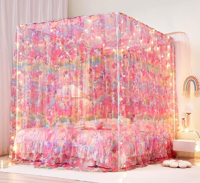 Mengersi Unicorn Bed Canopy for Girls Canopy Bed Curtains with Lights-Canopy for Bed - Bed Netting Canopy for Girls,Princess Canopy for Girls Room Decor,Twin Size