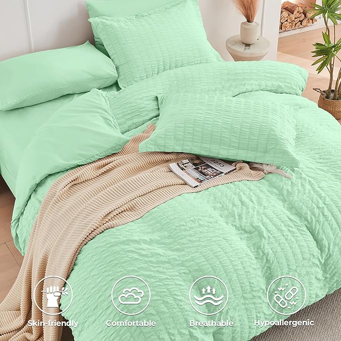 HYMOKEGE Mint Green Full Size Comforter Sets Seersucker 7 Pieces, All Season Luxury Bed in a Bag for Bedroom, Bedding Set with Comforter, Sheets, Pillowcases & Shams