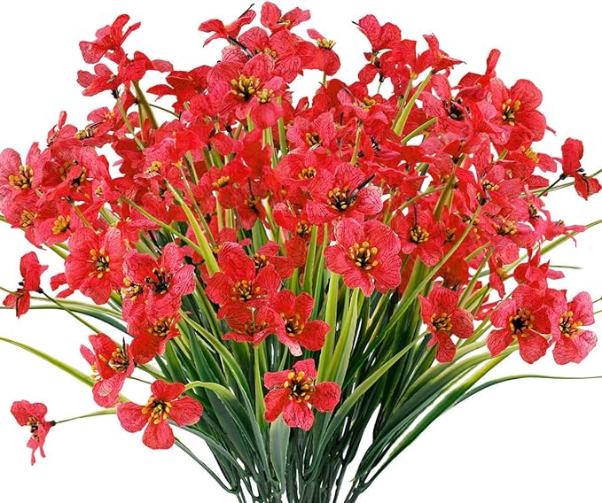 12 Bundles Artificial Flowers Outdoor UV Resistant Fake Flowers No Fade Faux Plants Garden Porch Window Box Decorating (Deep Red)