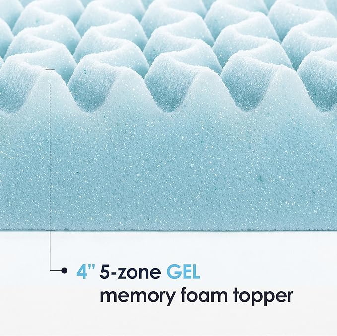 Mellow 4 Inch 5-Zone Memory Foam Mattress Topper, Cooling Gel Infusion, Dorm Essentials, Full Blue