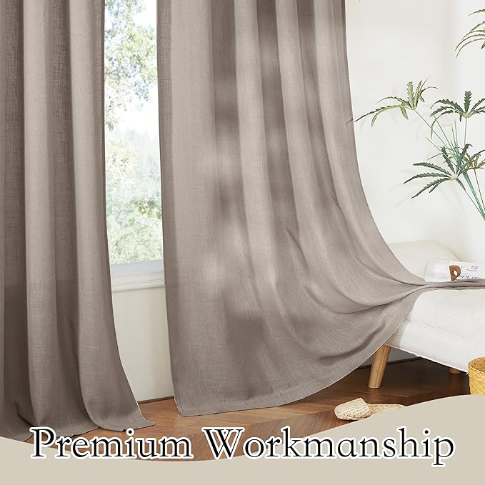 RYB HOME Semi Sheer Curtains 84 inches Long, Linen Texture Wave Fabric Privacy Sheer Window Curtains for Living Room Bedroom Dining, Birch Brown, Wide 52 x Long 84 inch per Panel, 2 Panels