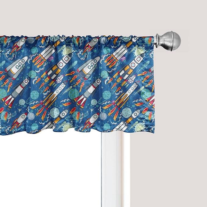 Ambesonne Spaceship Window Valance Pack of 2, Hand-Drawn Cartoon Spaceships Planets and Stars Outer Space Exploration Theme, Rod Pocket Curtain Valances for Kitchen Bedroom, 54" X 18", Violet Blue
