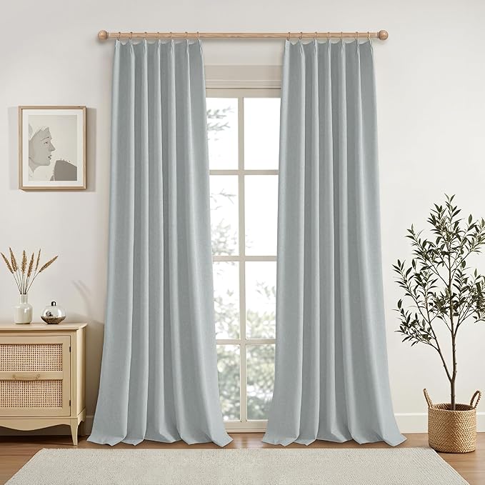 KangBang Pinch Pleat Grey Blackout Curtains 96 Inches Long, Linen Pinch Pleated Drapes for Living Room Office with Hooks Track System, Aesthetic Boho Vertical Home Decor(2 Panels,42Wx96L, Fog Grey)