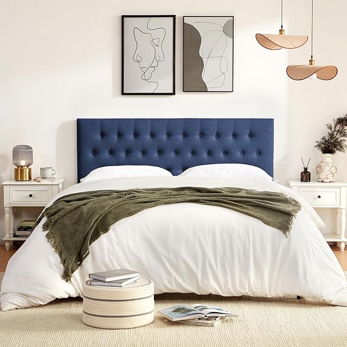 Tufted Upholstered Headboard Twin Size, Solid Wood Head Board with Durable Metal Legs, Adjustable Height Twin XL headboard from 37” to 51” Fabric Headboard in Modern Button Design, Blue