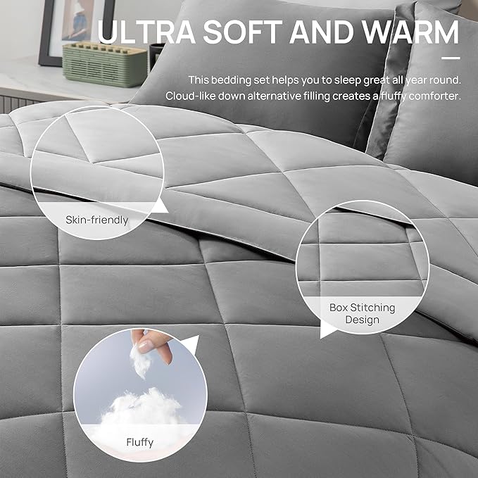 Love's cabin Twin Comforter Set Grey, 5 Pieces Twin Bed in a Bag, All Season Bedding Sets with 1 Comforter, 1 Flat Sheet, 1 Fitted Sheet, 1 Pillowcase and 1 Pillow Sham