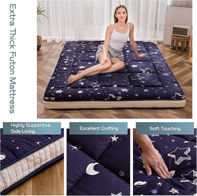 MAXYOYO Navy Star Futon Mattress, Padded Japanese Floor Mattress Quilted Bed Mattress Topper, Extra Thick Folding Sleeping Pad Breathable Floor Lounger Guest Bed for Camping Couch, Queen