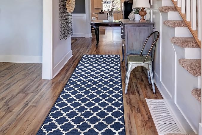 Custom Size Cut to Length Moroccan Trellis Design Runner Rug Mat For Wide Long Hallways with Non-Slip Rubber Backing, Better Traction for Pets, Prevent Slippage, Trellis Navy Blue, 31 inch X 7 feet