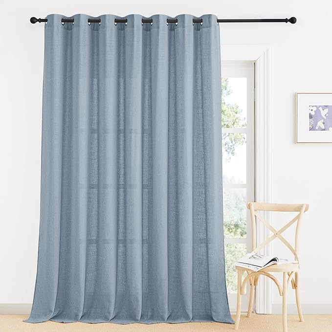 RYB HOME Extra Long Natural Linen Curtains 108 inch Length, Light Filtering Airy Fabric for Bedroom Home Office Cottage, Modern Vertical with Wrinkle Resistance, Dusty Blue, W 100 x L 108, 1 Pc