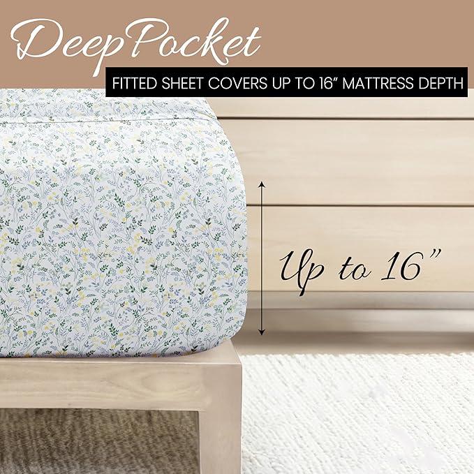 Linen Market Double-Brushed Patterned Microfiber Full Sheet Set 4 Piece – Oeko-TEX Certified Ultra Soft & Wrinkle-Free - 16" Deep Pocket Sheets - Easy Care Full Size - Wildflower Light Blue