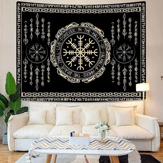 OSUNBD Nordic Vikings Tapestry Large 118x78inches Soft Flannel Vegvsir Symbol Amulet Celtic Rune Scandinavian Aesthetic Mythology Tapestry Wall Hanging for Bedroom Living Room Decor