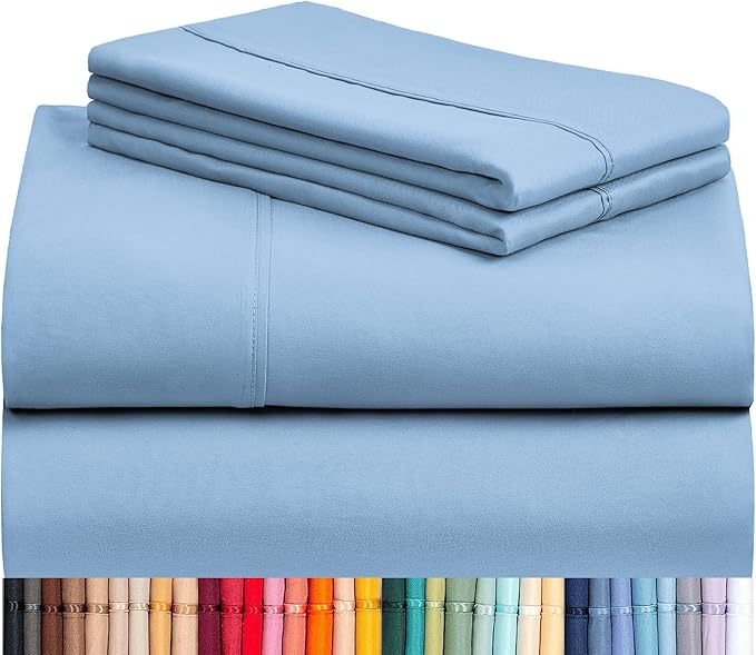 LuxClub 4 PC Queen Sheet Set, Deep Pockets Wrinkle Free Cooling Bed Sheets Hotel Bedding for Women, Men, Kids & Teens, Includes 1 Fitted Sheet, 1 Flat Sheet and 2 Pillowcases - Silky Soft Sky