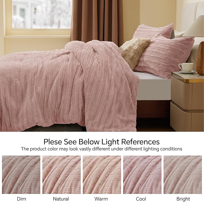 BEDELITE Fleece Queen Comforter Set -Super Soft & Warm Fluffy Pink Faux Fur Bedding, Luxury Fuzzy Heavy Bed Set for Winter with 2 Pillow Cases